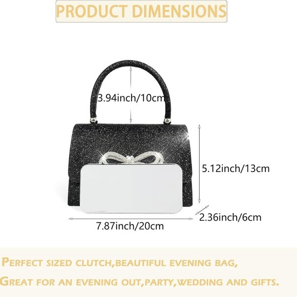 Women Evening Clutch Purse Glitter Rhinestone Bow Compact Party Bag - Picture 5 of 7